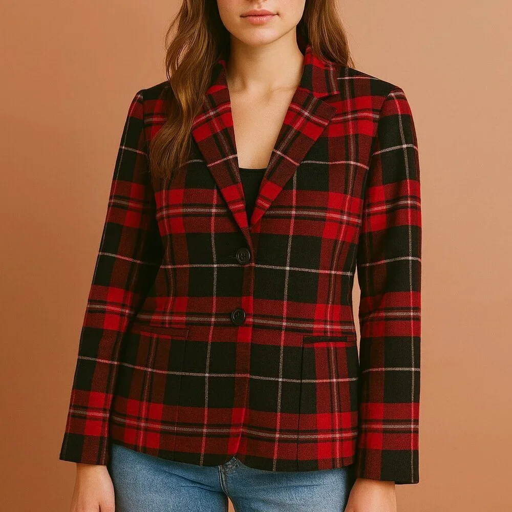 Holiday Party Blazer, Red Plaid Blazer, Tahari Arthur Levine, 6 Petite - Picture 1 of 7